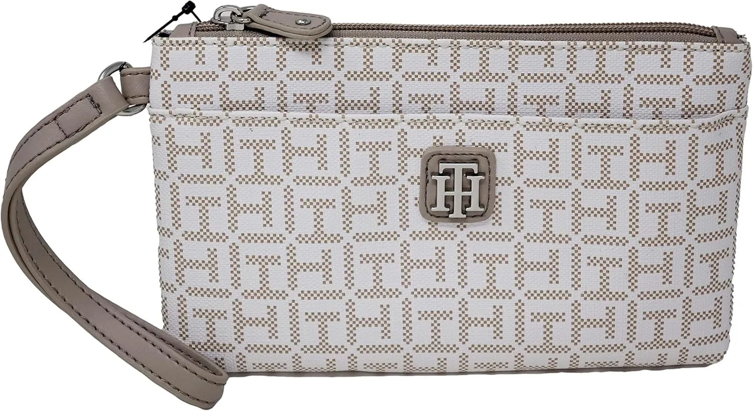 Tommy Hilfiger Women White Tan Coated Canvas Logo Print Wristlet Wallet Clutch Bag