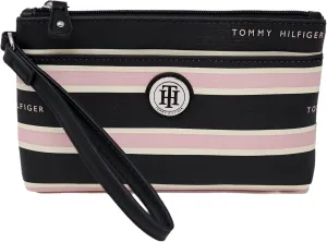 Tommy Hilfiger Women's Black Pink Striped Logo Print Small Wristlet Wallet Clutch Bag