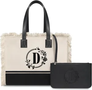 TOPDesign Initial Canvas Tote Bag for Women, Personalized Birthday Gift, Casual Tassel Handbag with Wristlet Clutch