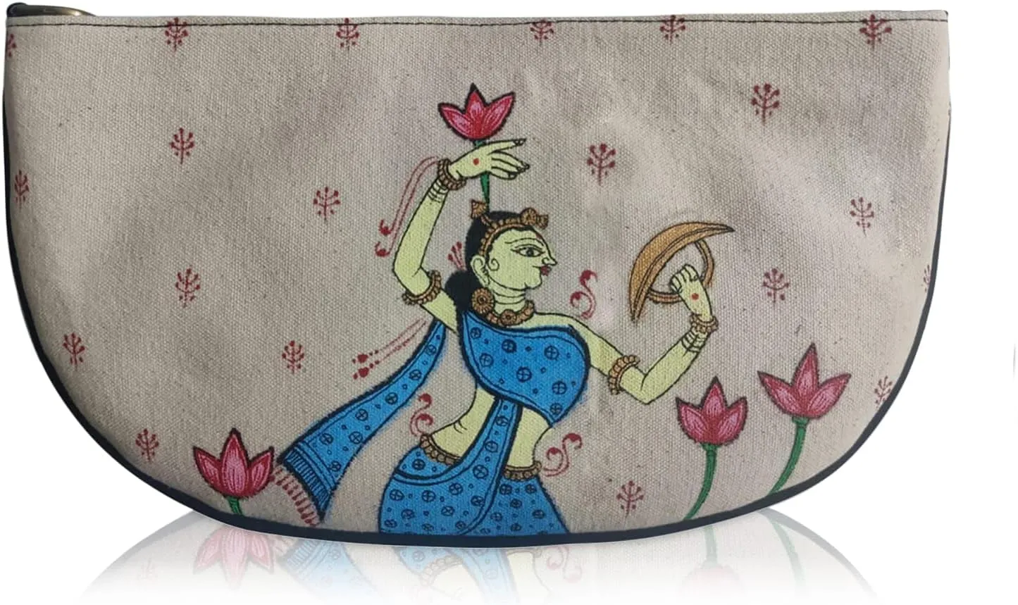 Traditional Pattachitra Art Canvas Crossbody Bag - Flower-Adorned Woman Design with Beige Canvas & Black Adjustable Straps