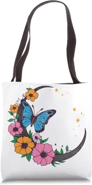 Trendy Butterfly Celestial Moon Flower Floral AI Art Print Tote Bag