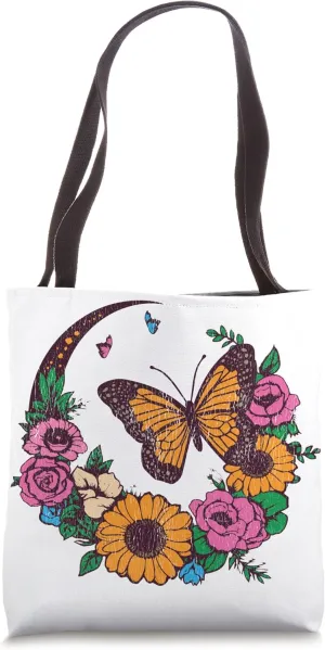 Trendy Butterfly Celestial Moon Flower Floral AI Art Print Tote Bag