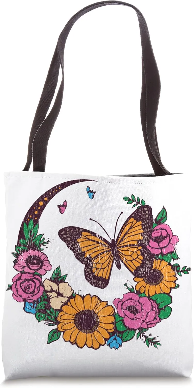 Trendy Butterfly Celestial Moon Flower Floral AI Art Print Tote Bag