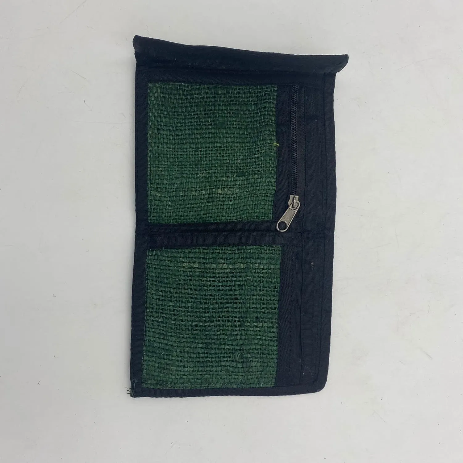Tri-Fold Hemp Wallet - Organic Cotton Purse Coin Bag - Unisex Hippie Style Bohemian Embroidered Purse - 5 Compartments, Zipper Closure - Handmade in Nepal (Green)