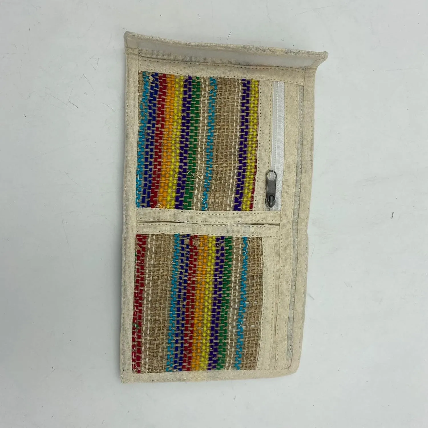 Tri-Fold Hemp Wallet - Organic Cotton Purse Coin Bag - Unisex Hippie Style Bohemian Embroidered Purse - 5 Compartments, Zipper Closure - Handmade in Nepal (Multicolored)