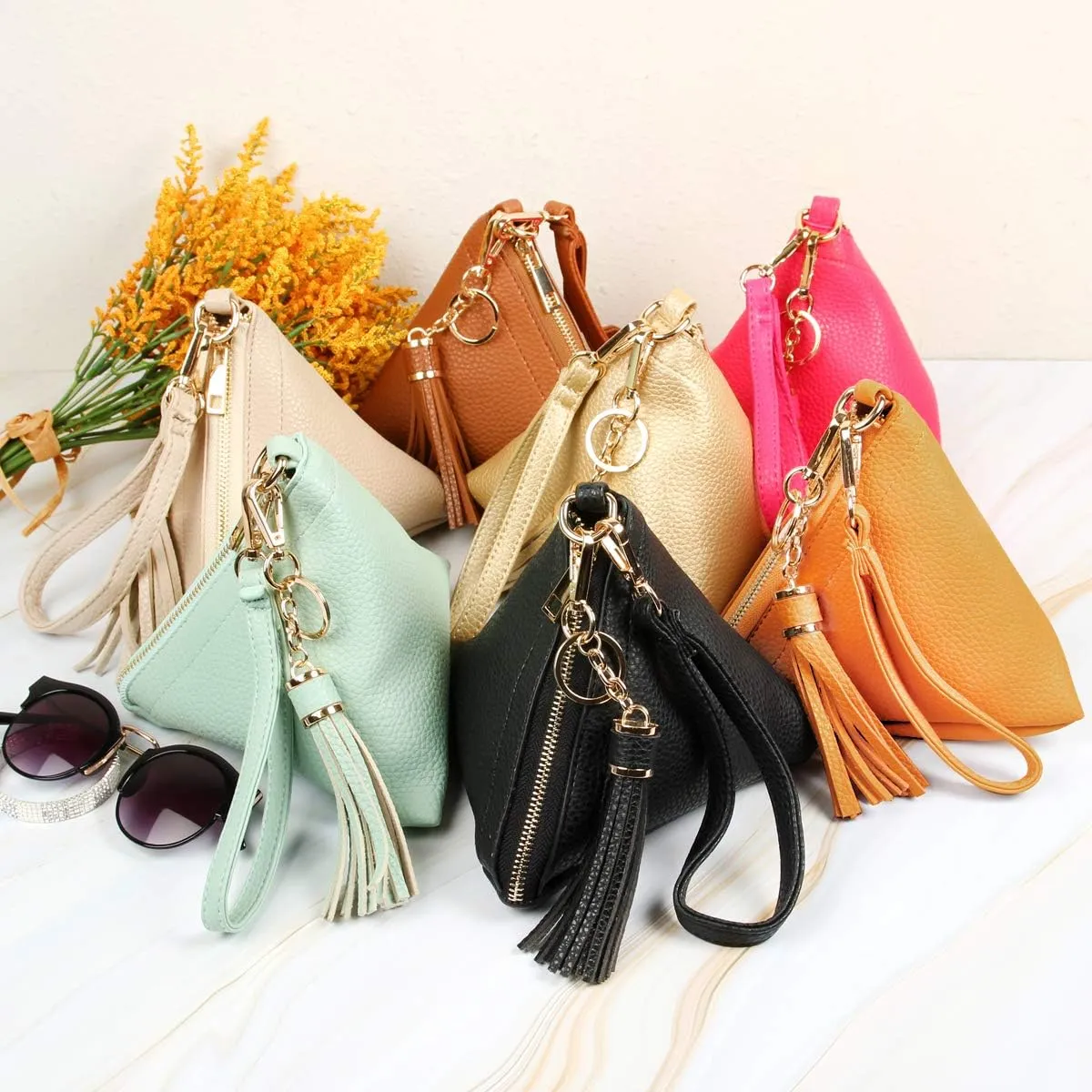 Triangle Vegan Leather Wristlet Clutch Purse Handbag - Pyramid Evening Cocktail Pouch Wallet Detachable Strap & Tassel Charm