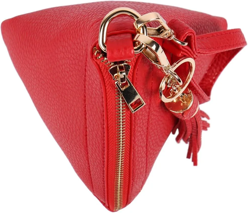Triangle Vegan Leather Wristlet Clutch Purse Handbag - Pyramid Evening Cocktail Pouch Wallet Detachable Strap & Tassel Charm
