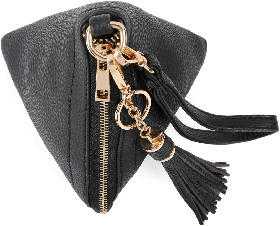 Triangle Vegan Leather Wristlet Clutch Purse Handbag - Pyramid Evening Cocktail Pouch Wallet Detachable Strap & Tassel Charm