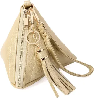 Triangle Vegan Leather Wristlet Clutch Purse Handbag - Pyramid Evening Cocktail Pouch Wallet Detachable Strap & Tassel Charm