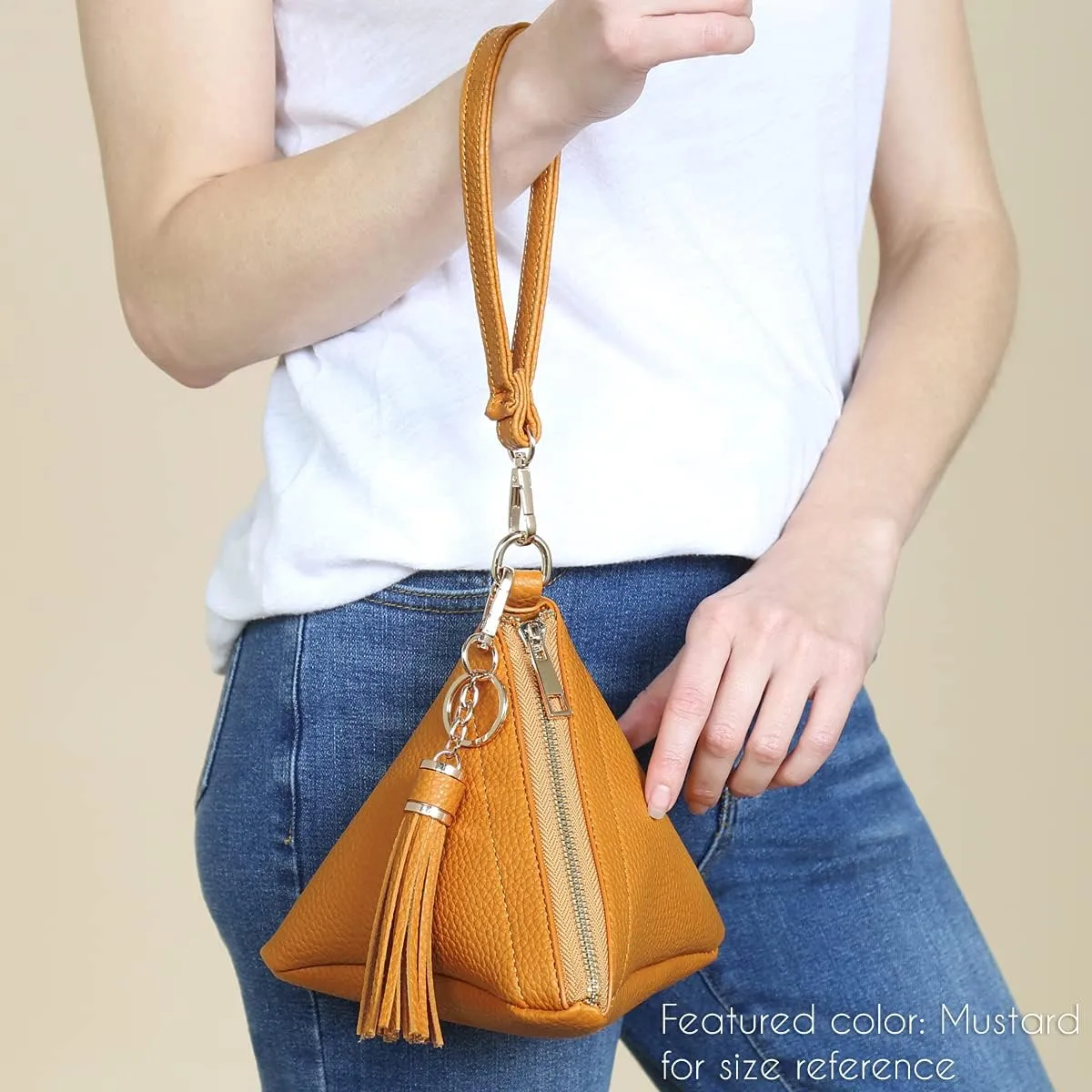 Triangle Vegan Leather Wristlet Clutch Purse Handbag - Pyramid Evening Cocktail Pouch Wallet Detachable Strap & Tassel Charm