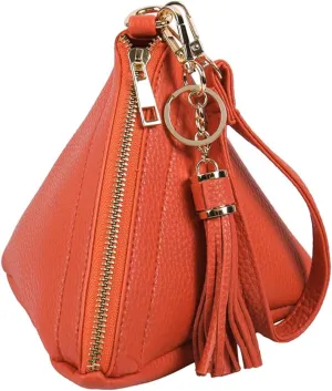 Triangle Vegan Leather Wristlet Clutch Purse Handbag - Pyramid Evening Cocktail Pouch Wallet Detachable Strap & Tassel Charm