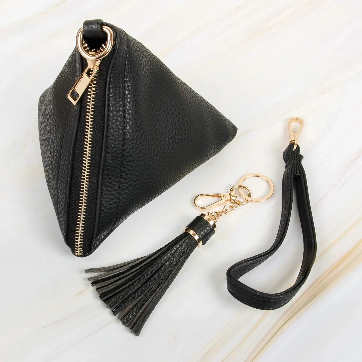 Triangle Vegan Leather Wristlet Clutch Purse Handbag - Pyramid Evening Cocktail Pouch Wallet Detachable Strap & Tassel Charm