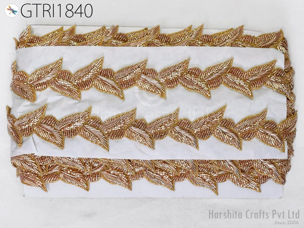 Trim By 3 Yard Gold Zardozi Beaded Indian Handcrafted Sari Border, DIY Crafting Ribbons, Saree Embroidered Zari Handmade Trimmings Costumes