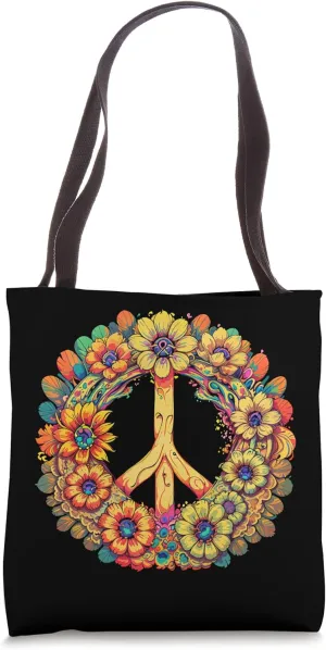 Trippy 60s 70s Floral Hippie Daisy Peace Sign Tote Bag