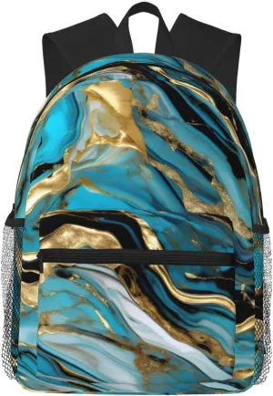Turquoise Blue Gold Marble print Lightweight and comfortable backpack Casual Laptop Backpack for Travel Hiking