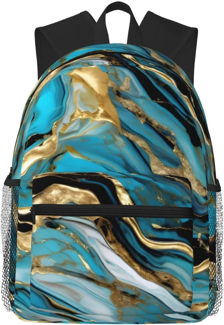 Turquoise Blue Gold Marble print Lightweight and comfortable backpack Casual Laptop Backpack for Travel Hiking