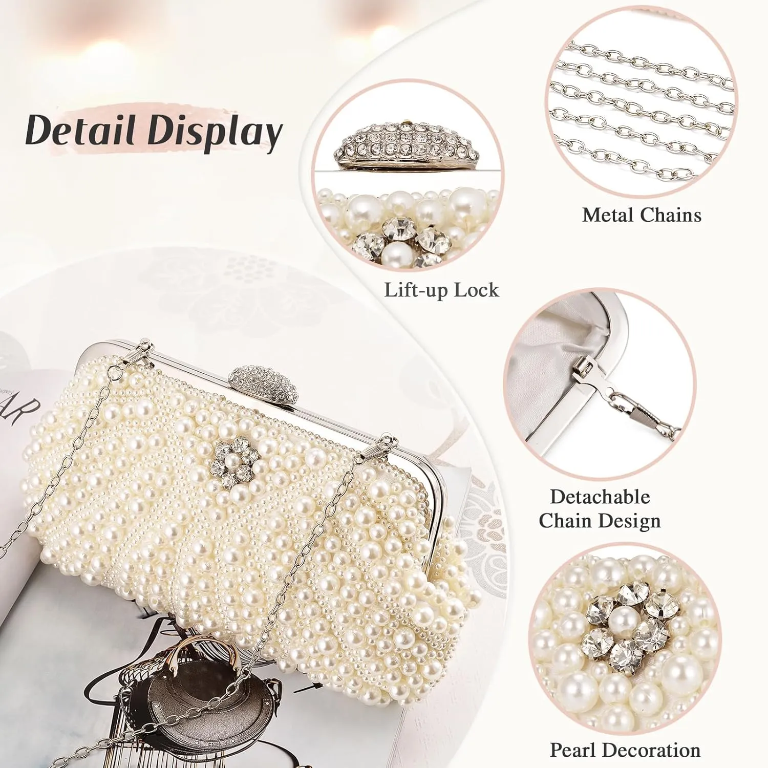 UBORSE Women Pearl Clutch Bag Noble Crystal Beaded Evening Bag Wedding Clutch with Pearl Chain
