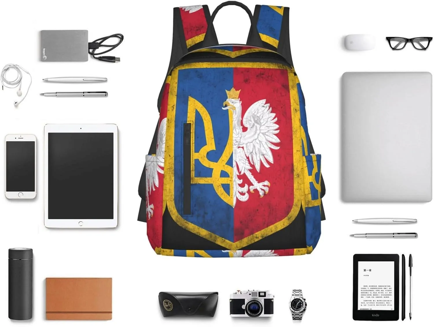 Ukraine Poland Flag Polish Ukrainian Coat Of Arms Travel Backpacks Casual Laptop Backpack Sport Rucksack Large Capacity Daypack Multi-Pockets Adjustable Strap Bag for Working Hiking