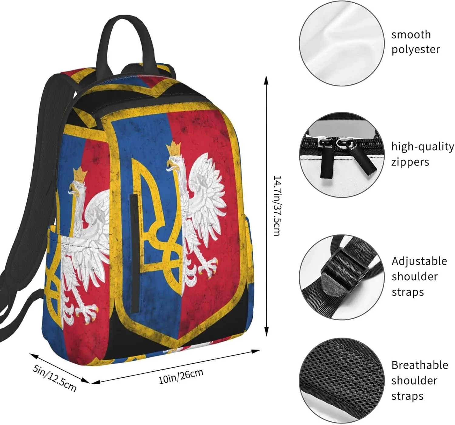 Ukraine Poland Flag Polish Ukrainian Coat Of Arms Travel Backpacks Casual Laptop Backpack Sport Rucksack Large Capacity Daypack Multi-Pockets Adjustable Strap Bag for Working Hiking