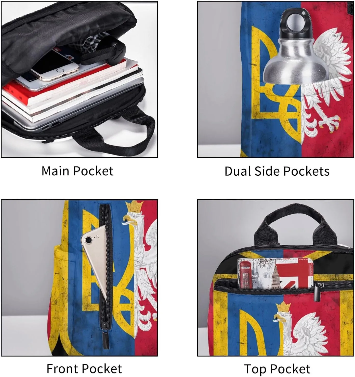 Ukraine Poland Flag Polish Ukrainian Coat Of Arms Travel Backpacks Casual Laptop Backpack Sport Rucksack Large Capacity Daypack Multi-Pockets Adjustable Strap Bag for Working Hiking