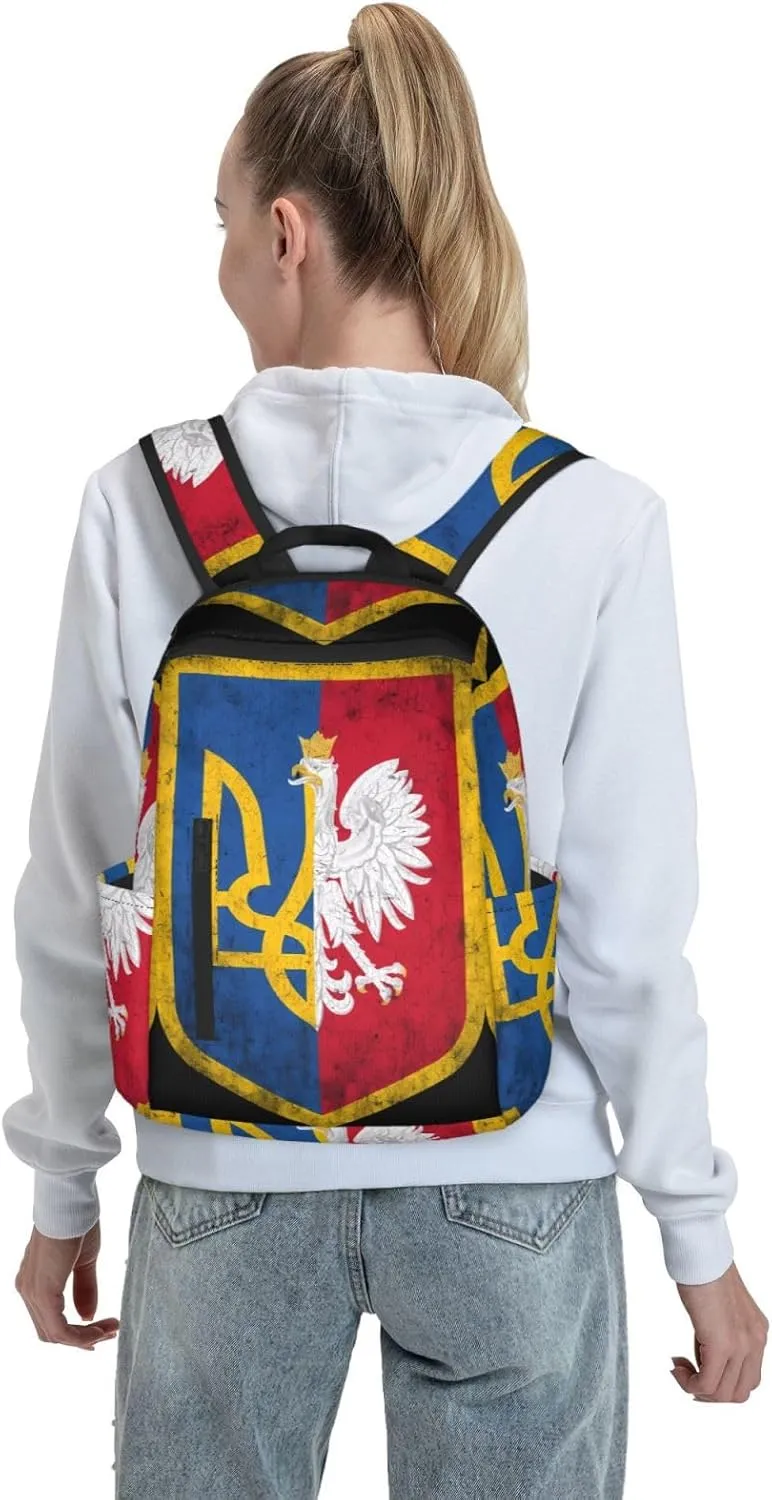 Ukraine Poland Flag Polish Ukrainian Coat Of Arms Travel Backpacks Casual Laptop Backpack Sport Rucksack Large Capacity Daypack Multi-Pockets Adjustable Strap Bag for Working Hiking