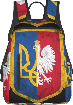 Ukraine Poland Flag Polish Ukrainian Coat Of Arms Travel Backpacks Casual Laptop Backpack Sport Rucksack Large Capacity Daypack Multi-Pockets Adjustable Strap Bag for Working Hiking