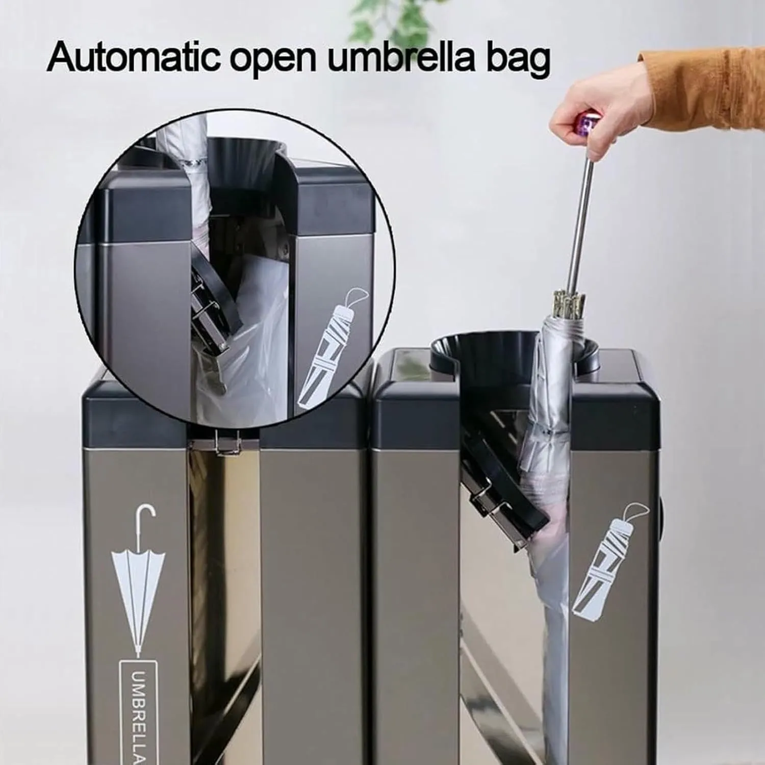 Umbrella Holder for Entryway,Stainless Steel Automatic Wet Umbrella Wrapper Packing Machine with Wheels,Umbrella Racks Bags Dispenser Stand,with 500 Umbrella Bags Hotels,Public Places,Black