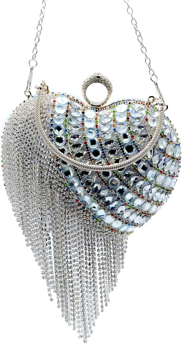 UMREN Women Luxury Heart Shape Tassel Evening Clutch Bag Rhinestones Wedding Party Purse Handbag