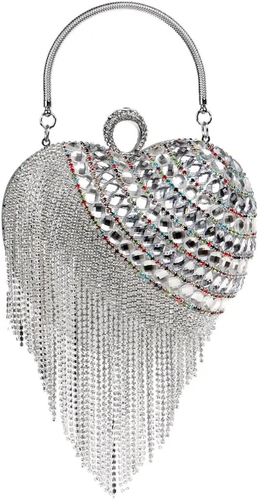 UMREN Women Luxury Heart Shape Tassel Evening Clutch Bag Rhinestones Wedding Party Purse Handbag