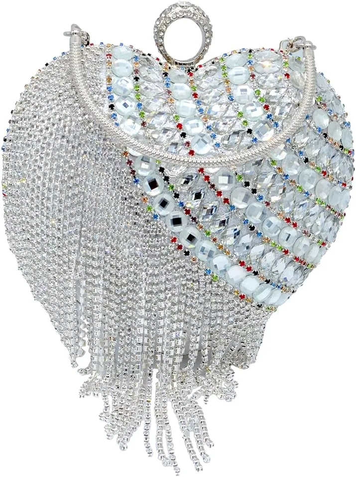 UMREN Women Luxury Heart Shape Tassel Evening Clutch Bag Rhinestones Wedding Party Purse Handbag