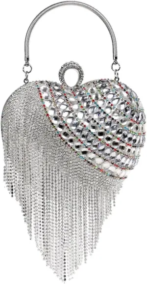 UMREN Women Luxury Heart Shape Tassel Evening Clutch Bag Rhinestones Wedding Party Purse Handbag
