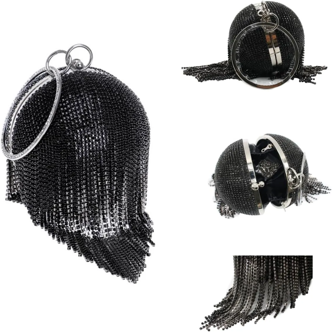 UMREN Women Round Ball Crystal Evening Clutch Purse Tassel Wedding Party Hand Bags