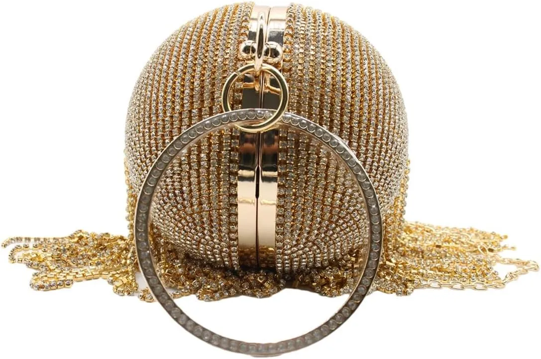 UMREN Women Round Ball Crystal Evening Clutch Purse Tassel Wedding Party Hand Bags