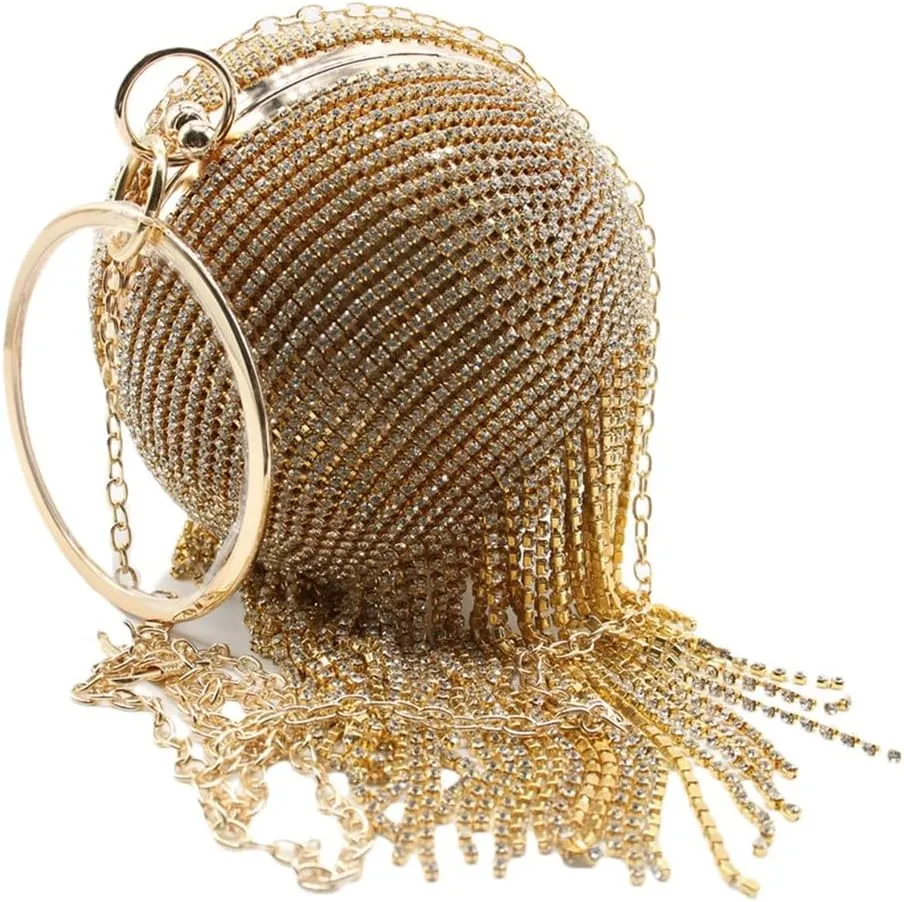 UMREN Women Round Ball Crystal Evening Clutch Purse Tassel Wedding Party Hand Bags