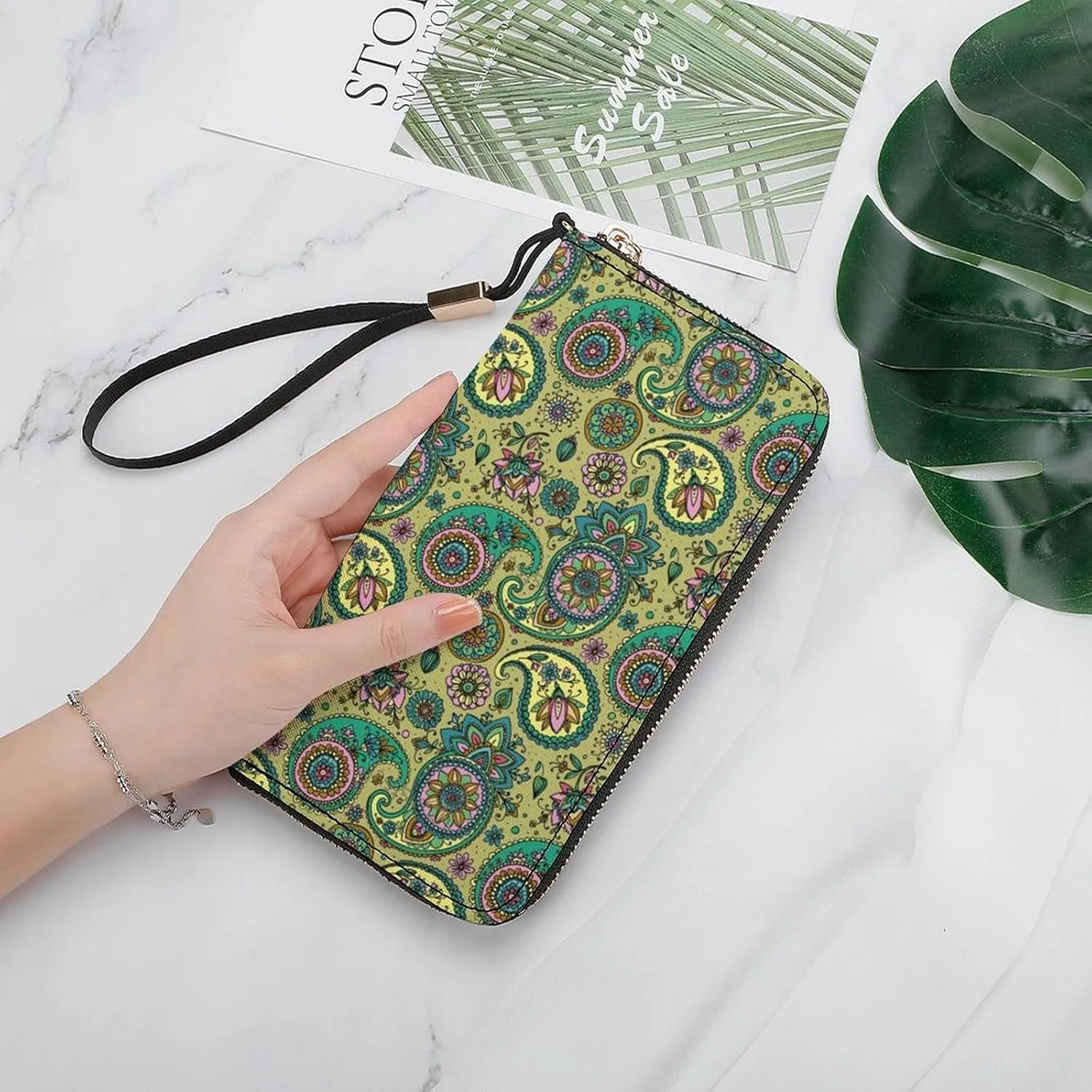 Underwater Paisley Women's Leather Long Large Capacity Wallet Clutch Wallet with Hand Strap, 20x10.5cm, style-13-3