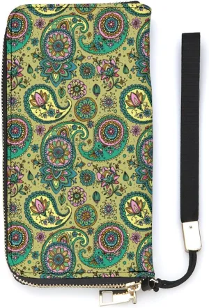 Underwater Paisley Women's Leather Long Large Capacity Wallet Clutch Wallet with Hand Strap, 20x10.5cm, style-13-3