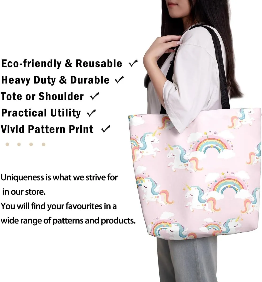 Unicorn Canvas Tote Bag Unicorns Foldable Handbag Cute Rainbow Cartoon Horse Canvas Bag Kawaii Shoulder Bag