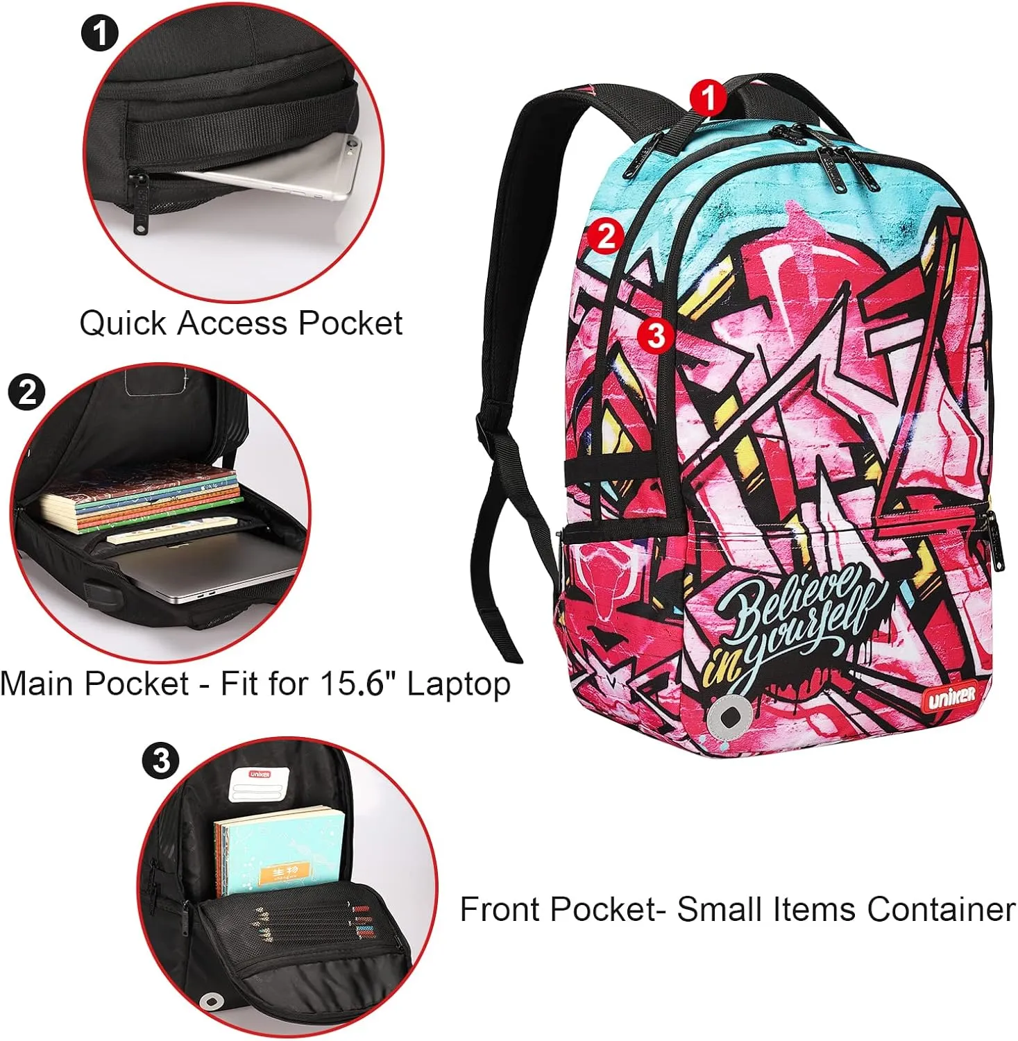 UNIKER Graffiti Backpack for School,Casual Daypack,Designer Laptop Backpack for 15.6 Inch Laptop