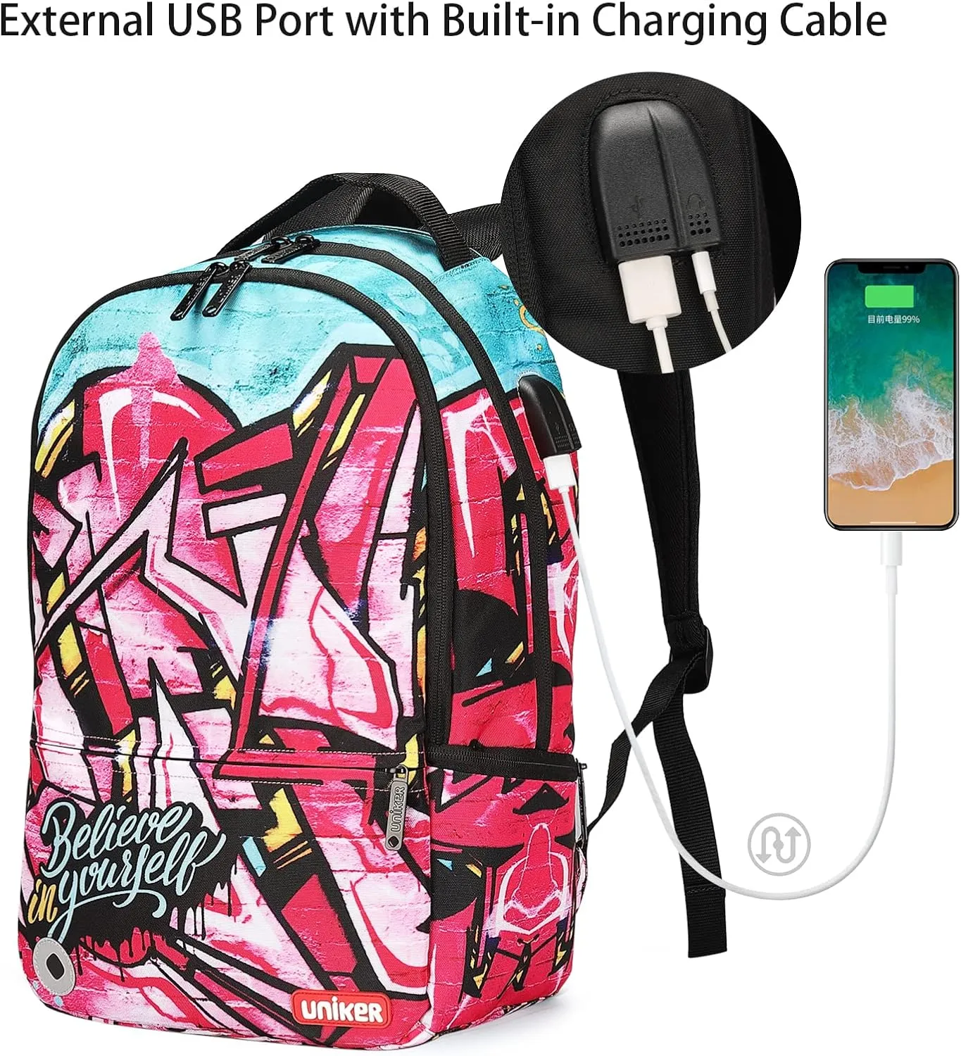 UNIKER Graffiti Backpack for School,Casual Daypack,Designer Laptop Backpack for 15.6 Inch Laptop