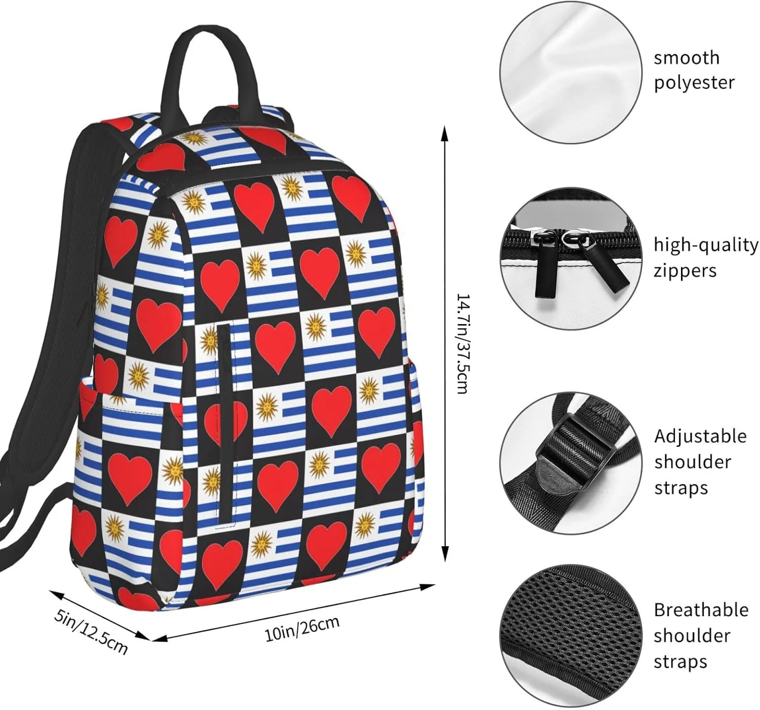Uruguay Uruguayan Flag Red Heart Casual Laptop Backpack Travel Rucksack Sports Daypack Adjustable Strap Bags with Multi-Pockets for Working Running Camping