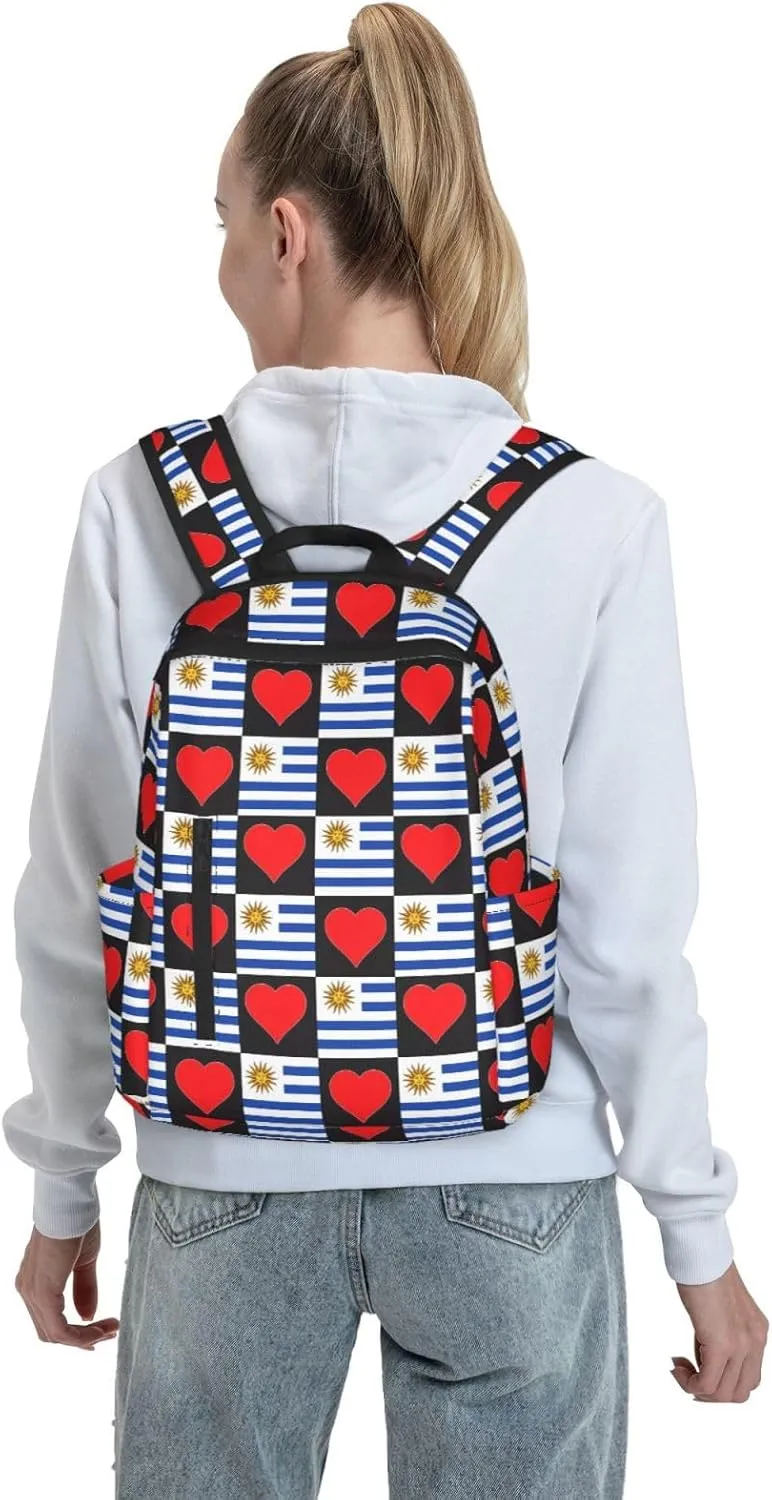 Uruguay Uruguayan Flag Red Heart Casual Laptop Backpack Travel Rucksack Sports Daypack Adjustable Strap Bags with Multi-Pockets for Working Running Camping
