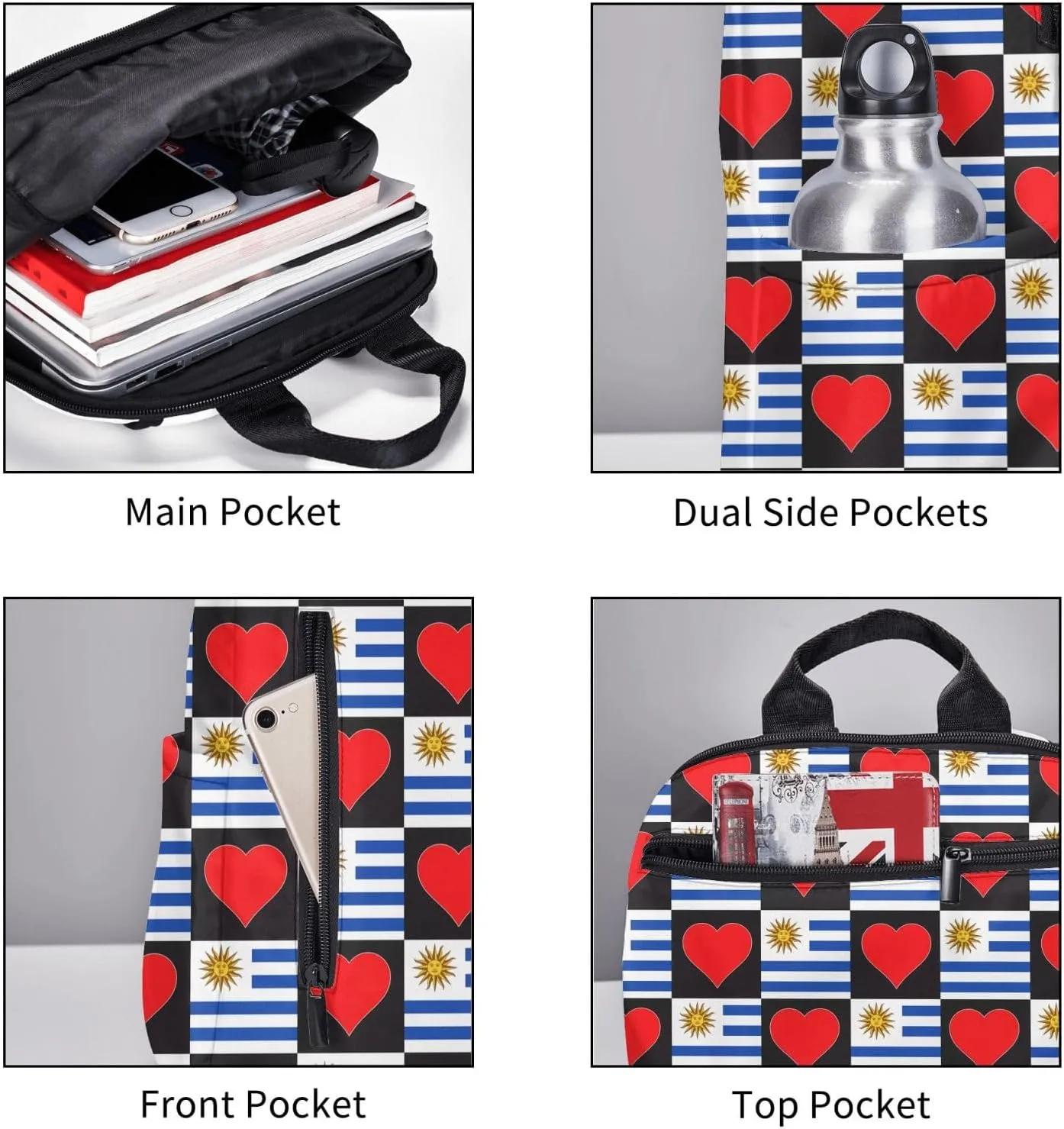 Uruguay Uruguayan Flag Red Heart Casual Laptop Backpack Travel Rucksack Sports Daypack Adjustable Strap Bags with Multi-Pockets for Working Running Camping