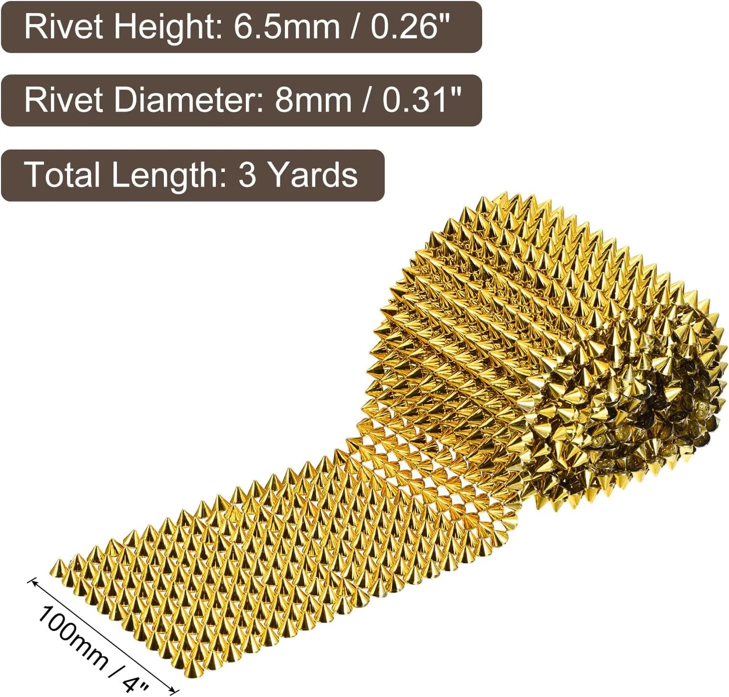 uxcell 3 Yards Sew Stitch on Cone Spikes Studs, 12Rows Plastic Flat Back Spike Rivet Punk Trim Ribbon for DIY Clothing, Bags, Shoes Decoration, Gold