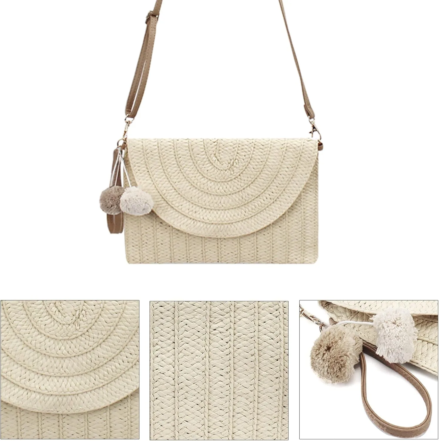 Van Caro Handwoven Cotton Straw Shoulder Bag Crochet Tassel Beach Bohemian Purse for Women