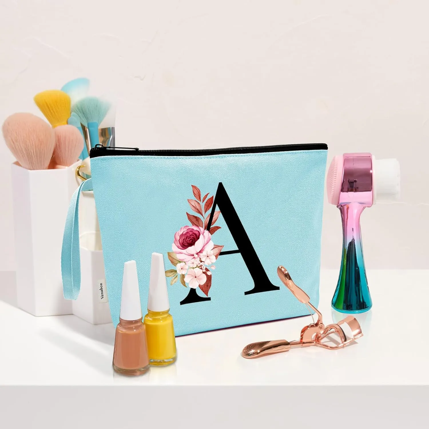 Vavabox A-Z Personalized Makeup Bag, Birthday Gifts for Women Mom, Gifts for Best Friend, Bride Bridesmaid Cosmetic bag (R, Green)