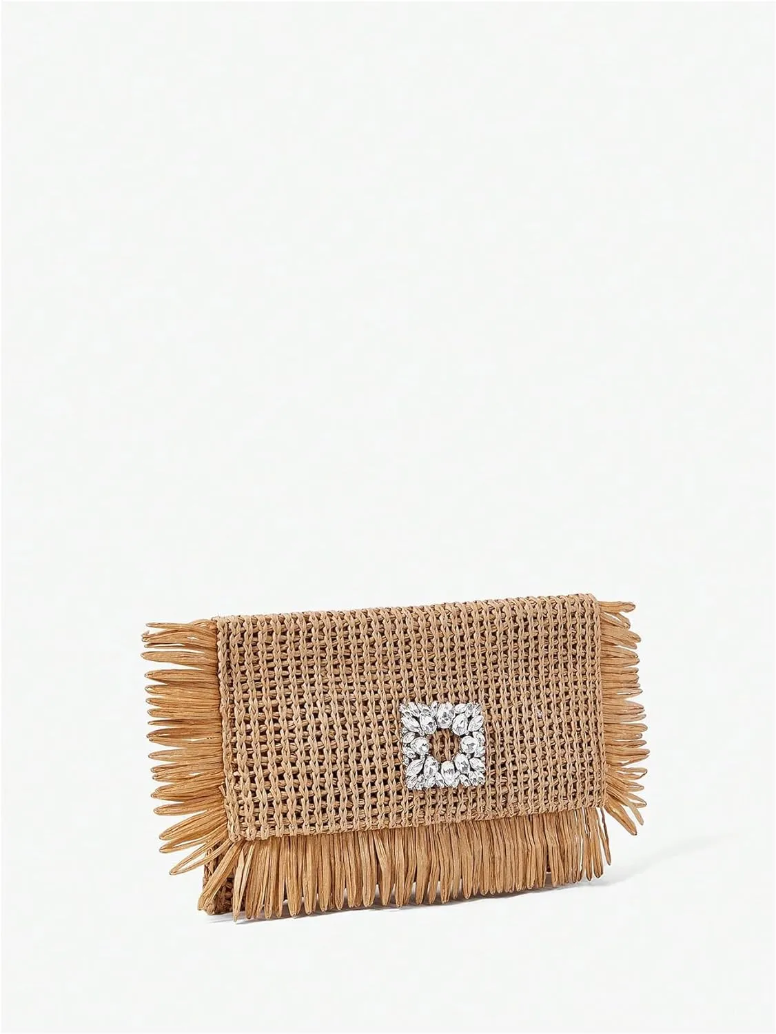 Verdusa Women's Rhinestone Fringe Straw Clutch Purses Holiday Woven Envelope Handbag