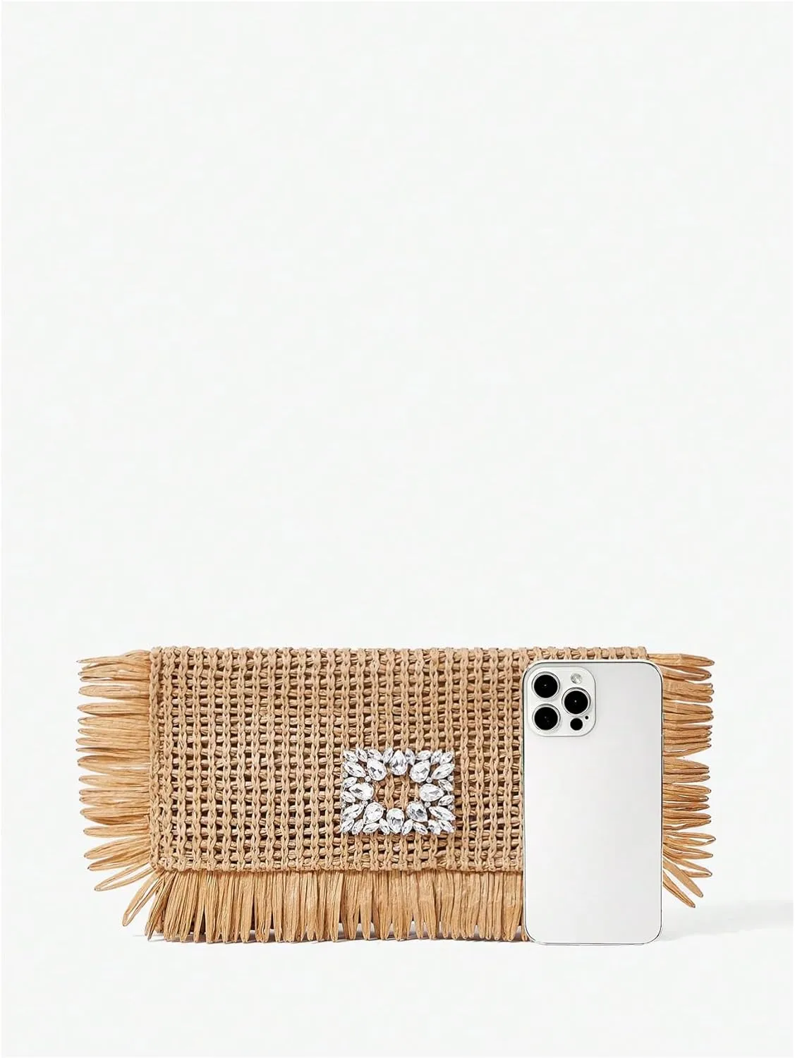 Verdusa Women's Rhinestone Fringe Straw Clutch Purses Holiday Woven Envelope Handbag
