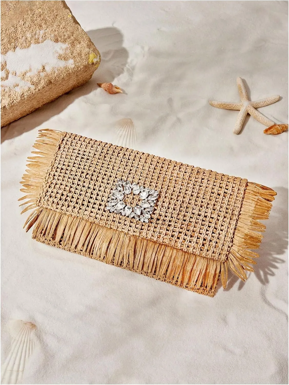 Verdusa Women's Rhinestone Fringe Straw Clutch Purses Holiday Woven Envelope Handbag