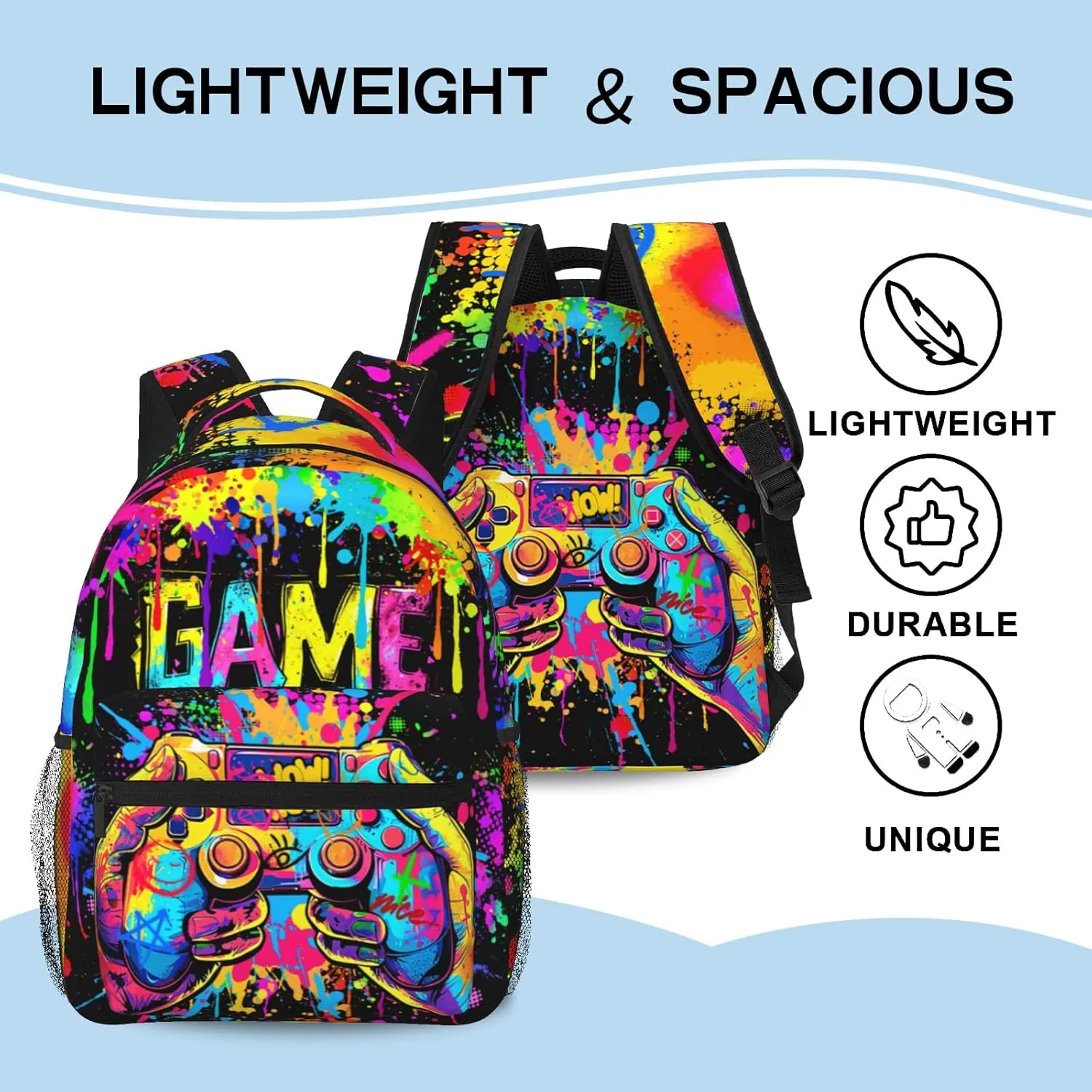 Video Game School Backpack for Boys Graffiti Gaming Backpack For Kids Game Travel Bookbag for Age 6-18 Kids Children Elementary Middle School
