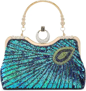 Vintage Beaded Bag Sequin Peacock Evening Clutch Purse for Women Formal Evening Bag Green Blue Wedding Prom Party Handbag